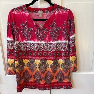 Chico's Size 2 Red Floral Paisley Tie Dye‎ Print Blouse Top Shirt Size Large